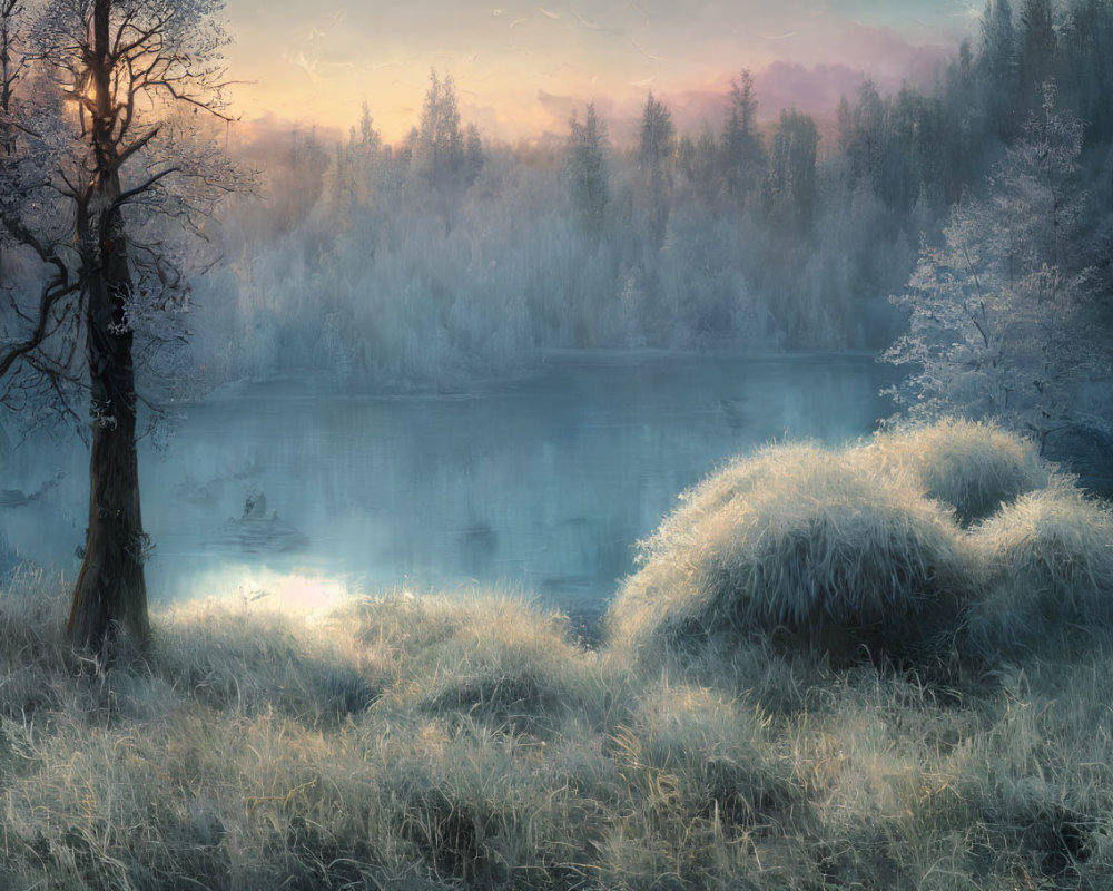 Serene frost-covered landscape at dawn with river and frosted trees