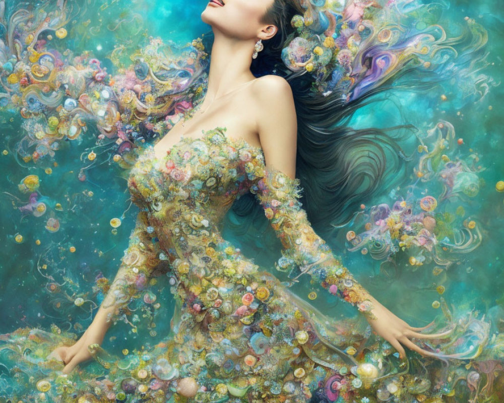 Woman in Flowery Dress Submerged in Colorful Underwater Scene