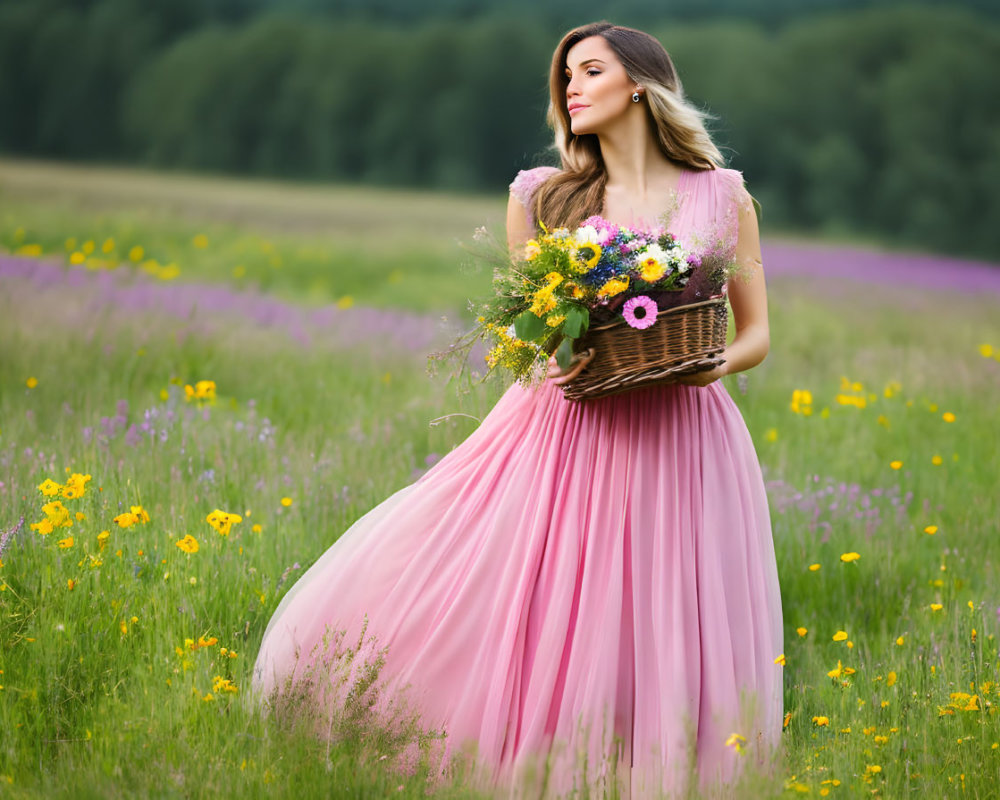 Woman in Pink Gown with Flower Basket in Colorful Field