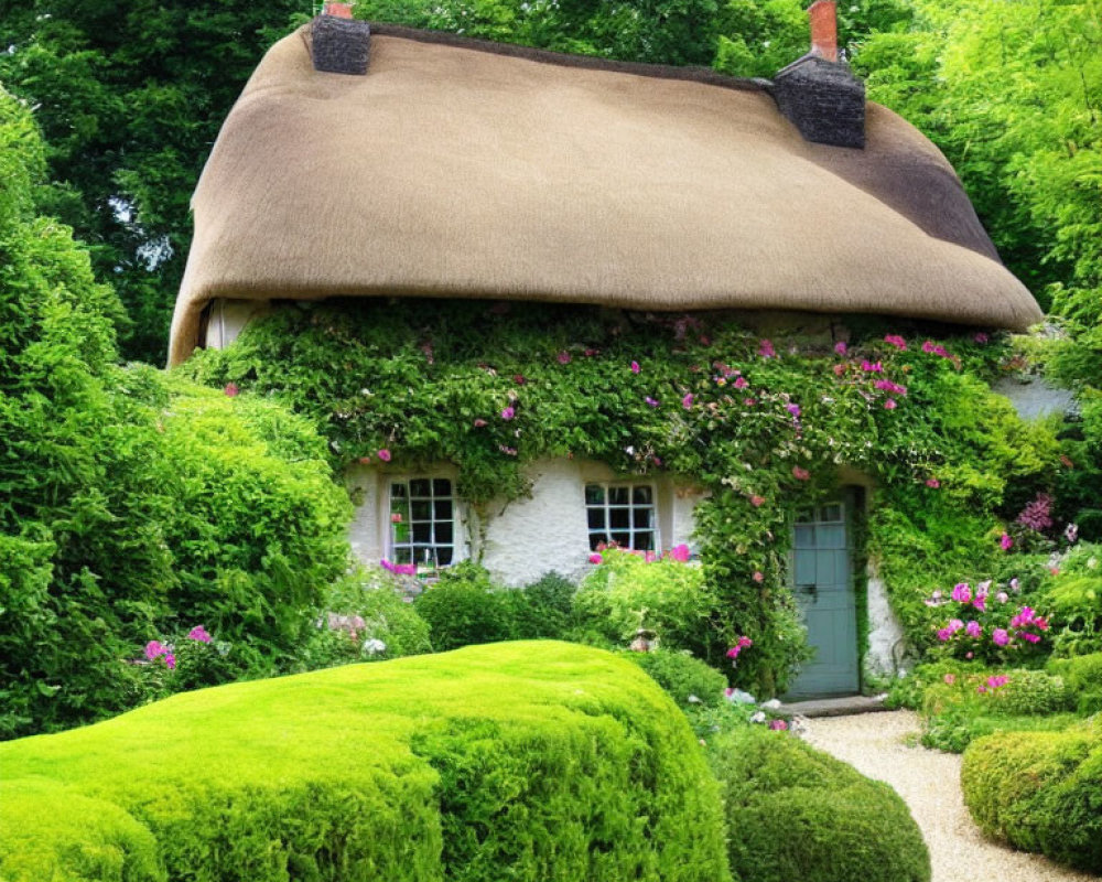 Charming cottage with thatched roof, green foliage, vines, hedges, and gravel path