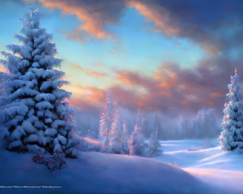 Serene winter landscape with snow-covered evergreen trees at sunrise