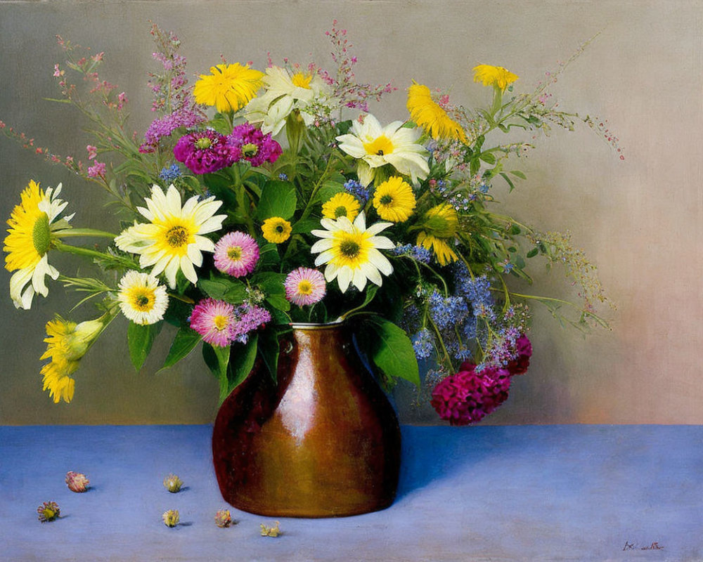 Vibrant bouquet of flowers in brown vase on gray backdrop with scattered petals