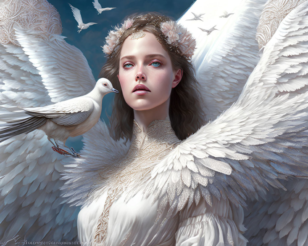 Angel with White Wings and Dove in Peaceful Setting