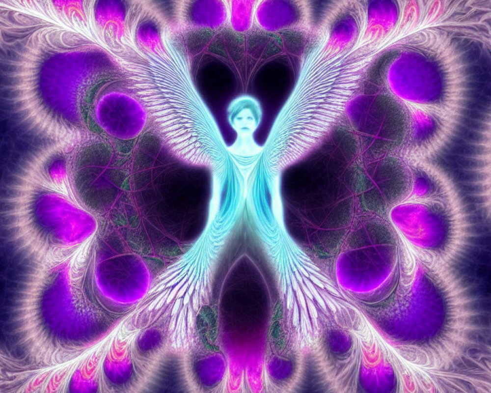 Fractal-inspired artwork with central figure and outstretched wings in purple, blue, and pink hues