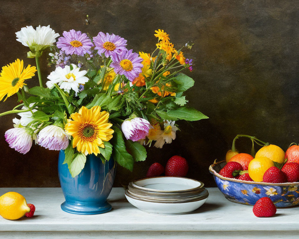 Colorful Flower Bouquet and Fruit Bowl Still Life on Marble Surface