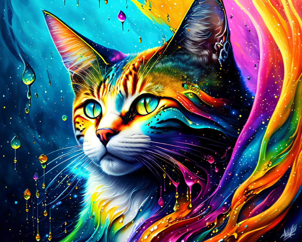 Colorful cat art with cosmic sky theme in blue, orange, and yellow