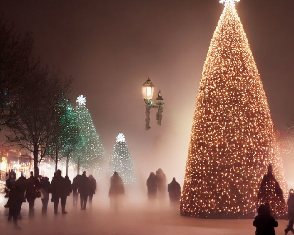 Silhouetted people walk past large Christmas trees on foggy evening