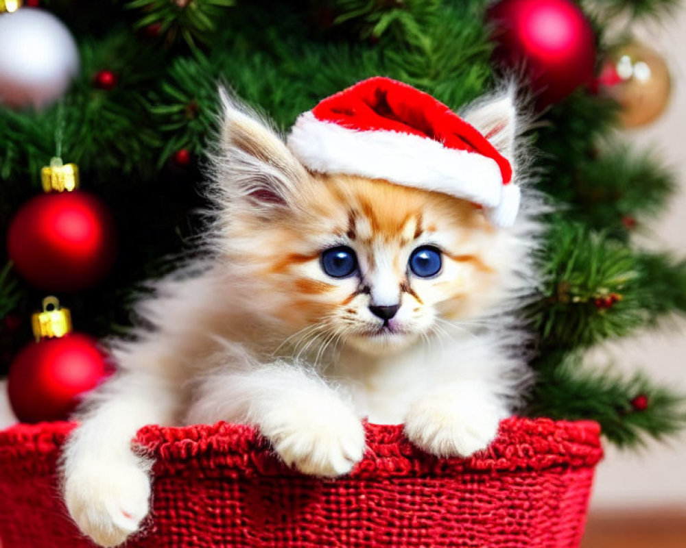 Adorable fluffy kitten in Santa hat by Christmas tree