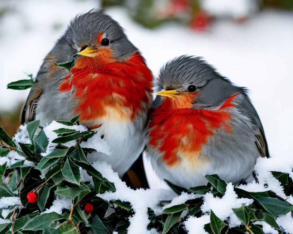 Grey and Orange Birds Snuggling on Snowy Holly Branches