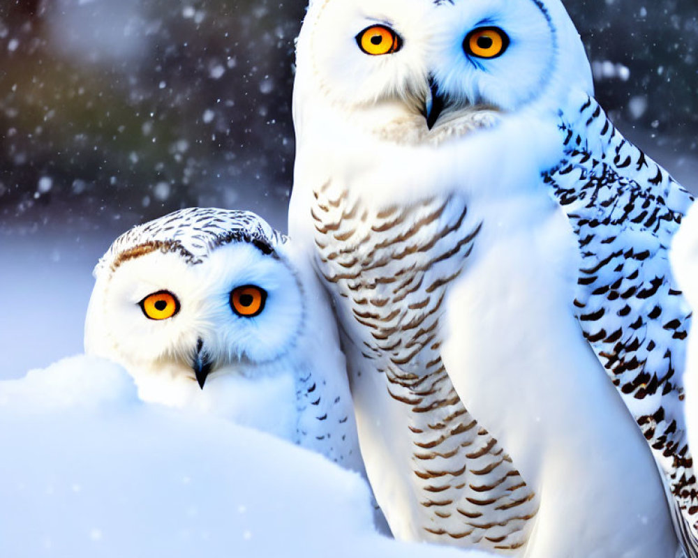 Pair of snowy owls with orange eyes in snowy landscape.