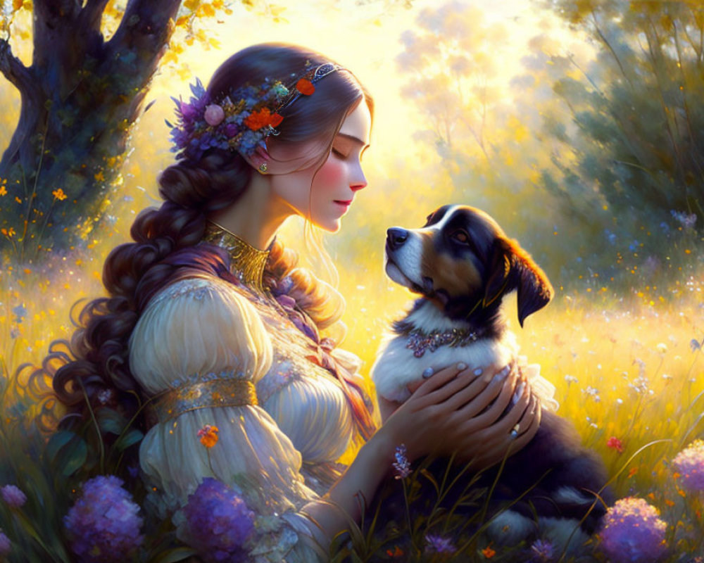 Woman in Embellished Dress with Floral Hairpiece Gazing at Dog in Sunlit Setting