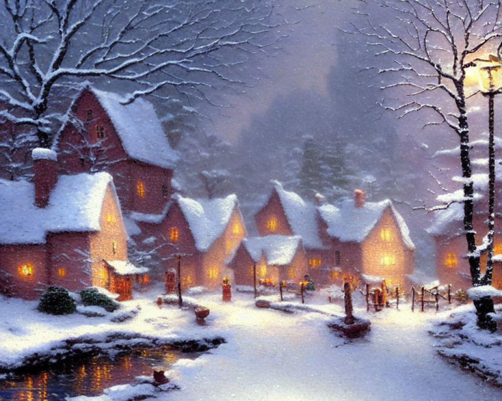 Snow-covered village with warm-lit cottages by river at twilight