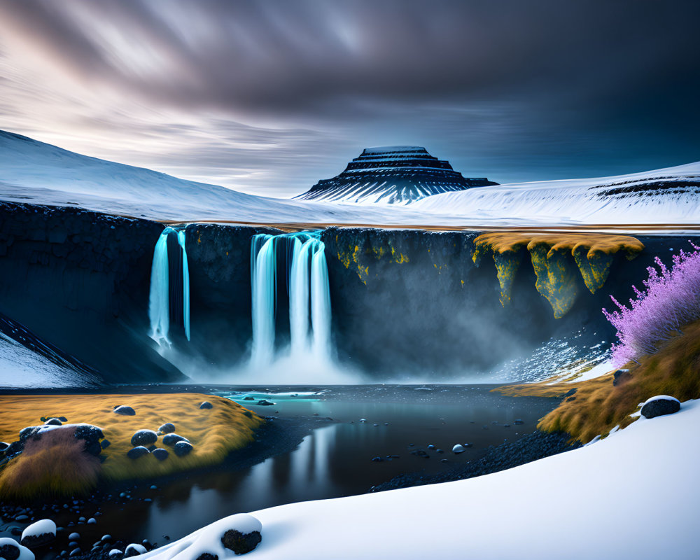 Majestic waterfall in a dramatic landscape with tiered mountain