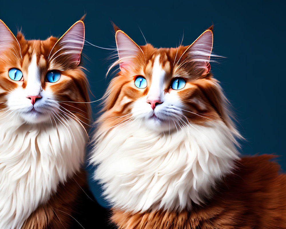 Two Orange and White Long-Haired Cats with Blue Eyes on Dark Blue Background