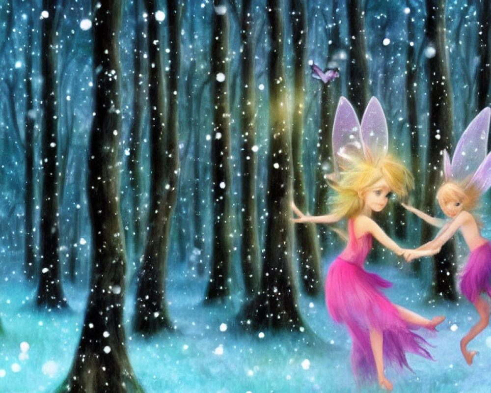 Translucent-winged fairies dancing in mystical forest snowfall