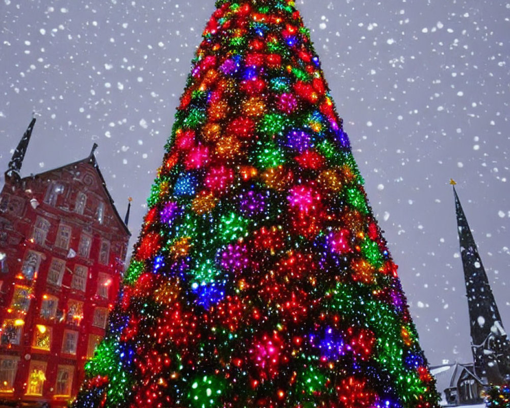 Brightly Lit Christmas Tree with Colorful Lights in Snowy Setting