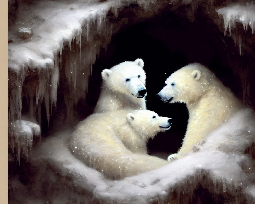 Three Polar Bears in Snowy Cave Surrounded by Icicles