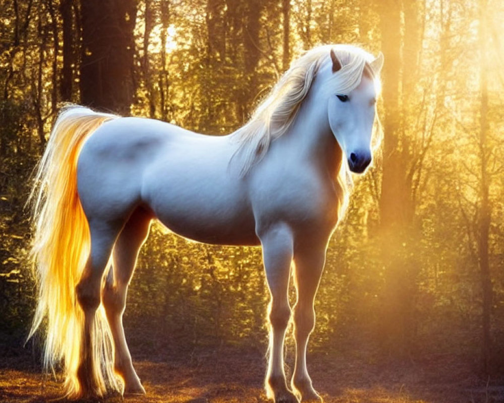 Majestic white horse with flowing mane in sunlit forest