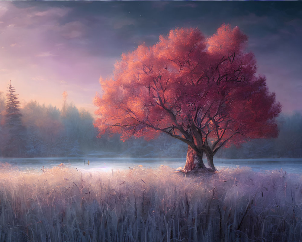 Vibrant red tree in frost-covered meadow at dawn with mystical forest backdrop