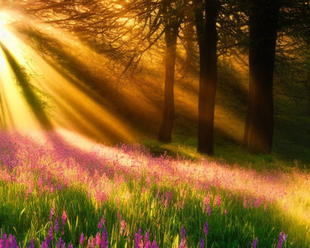 Sunbeams through trees on vibrant purple wildflowers