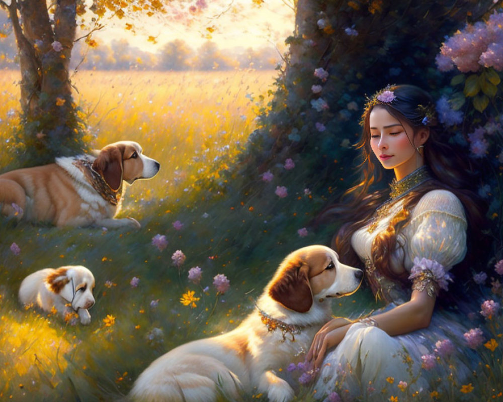 Woman with Three Dogs in Sunlit Meadow with Flowers