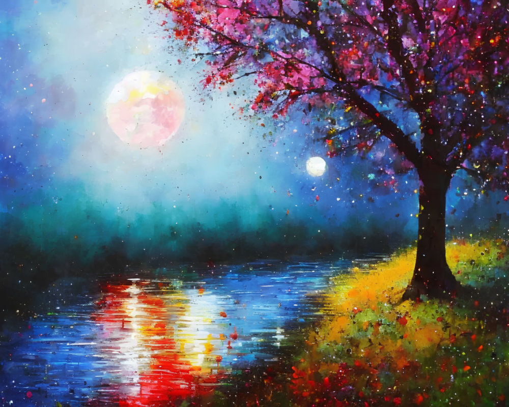 Colorful Tree Painting by Water with Pink Moon & Stars