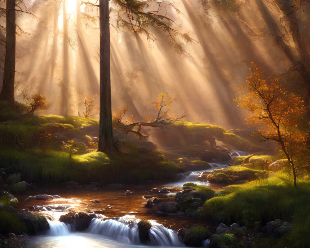 Tranquil forest landscape with sunlight, brook, moss, and autumn trees