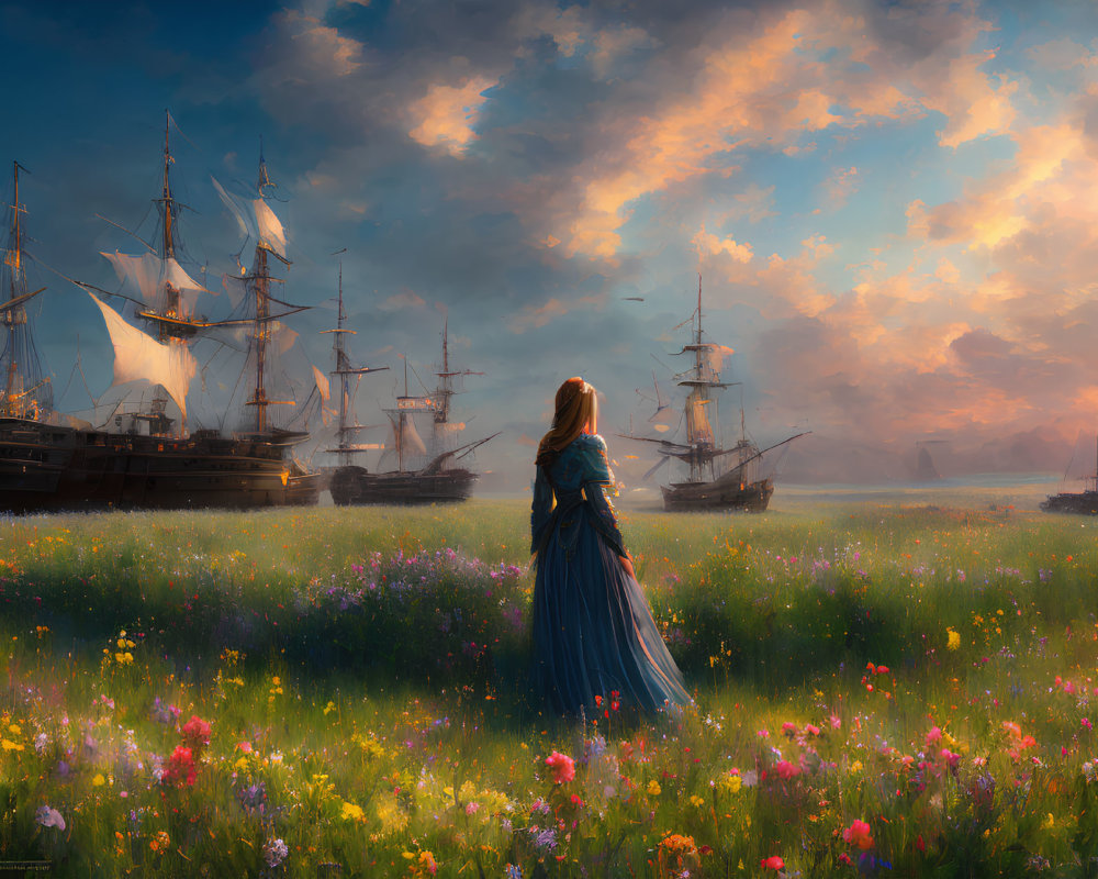 Woman in blue dress gazes at tall ships on the sea at sunset