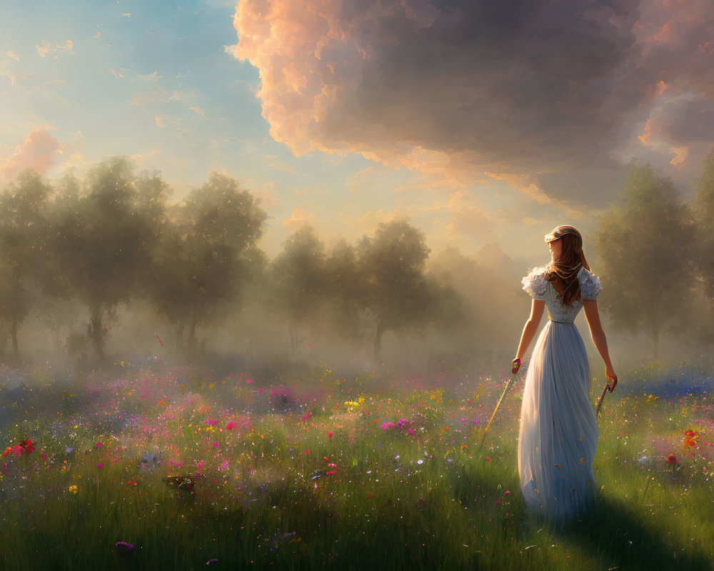 Woman in white dress walks through colorful meadow with wildflowers