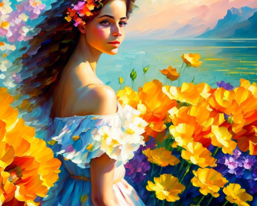 Colorful painting of woman with flowers, sunset, and mountains