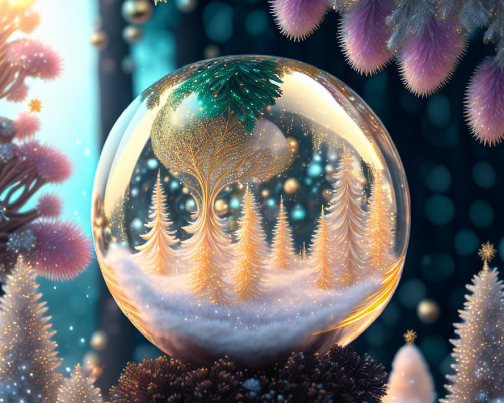 Fantastical digital artwork with translucent sphere and snowy landscape