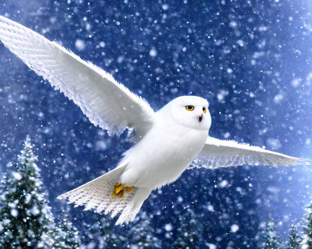 Snowy owl flying in snowfall with pine trees under wintry sky