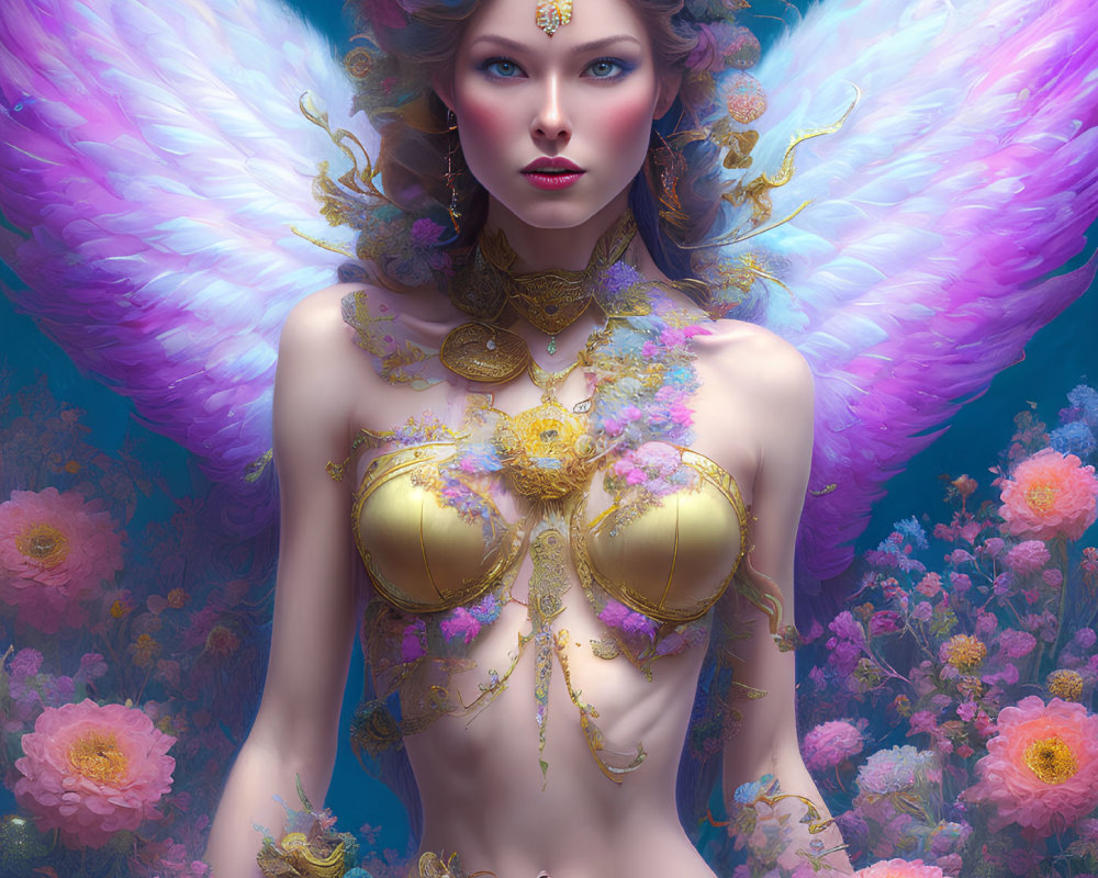 Fantastical female figure with iridescent wings and golden jewelry among colorful flowers