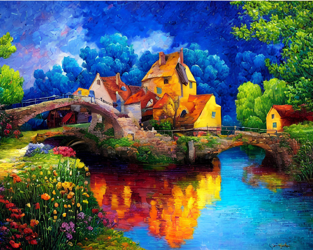 Colorful Impressionistic Painting of Quaint Village Scene