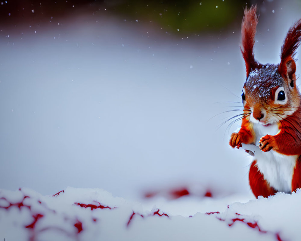 Red squirrel in snow with falling snowflakes