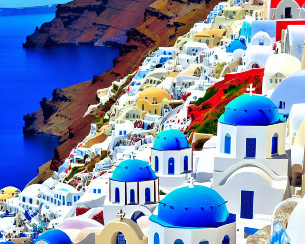 Iconic Santorini, Greece: Blue-domed churches, white buildings, Aegean Sea