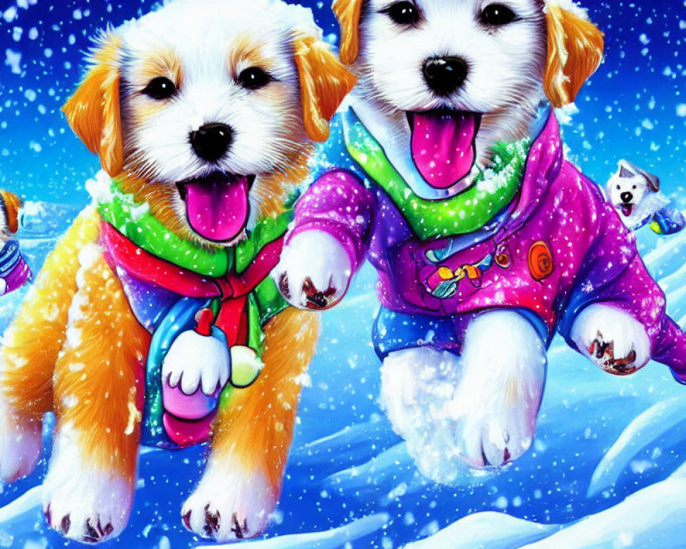 Fluffy puppies playing joyfully in colorful winter clothes in the snow