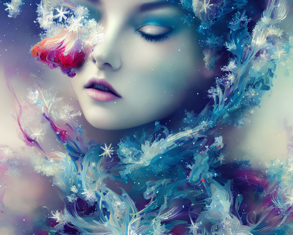 Blue-skinned woman portrait with crystal botanical elements and snowflakes for a surreal winter fantasy theme