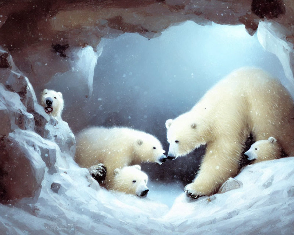 Polar bear family in snowy den with mother and cubs playing under sky