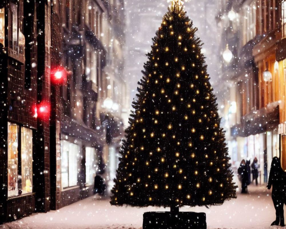 Snow-covered city street with illuminated Christmas tree at night