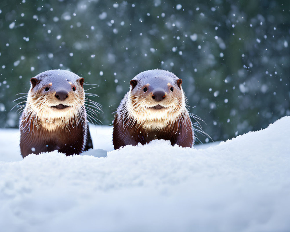 Brown and White Otters in Snowy Scene with Falling Snowflakes