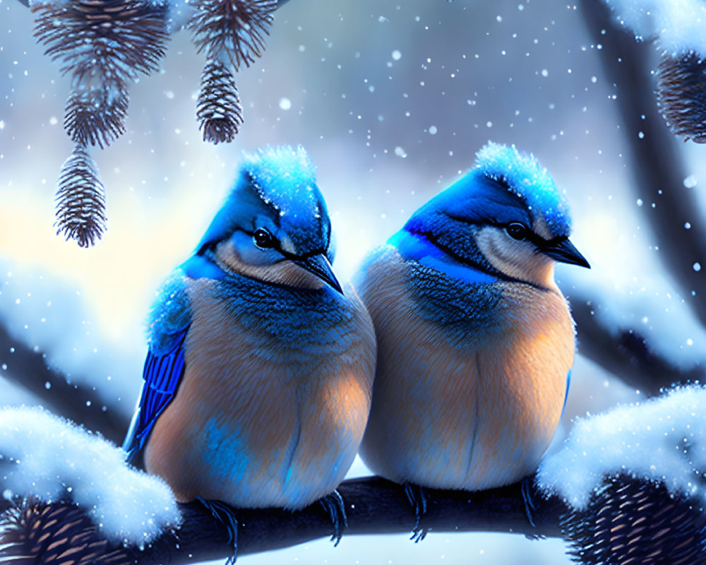 Vibrant blue jays on snowy branch with pine cones in winter landscape