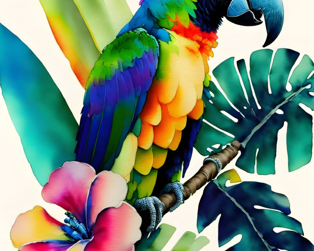 Colorful Parrot Perched on Branch Amid Tropical Foliage