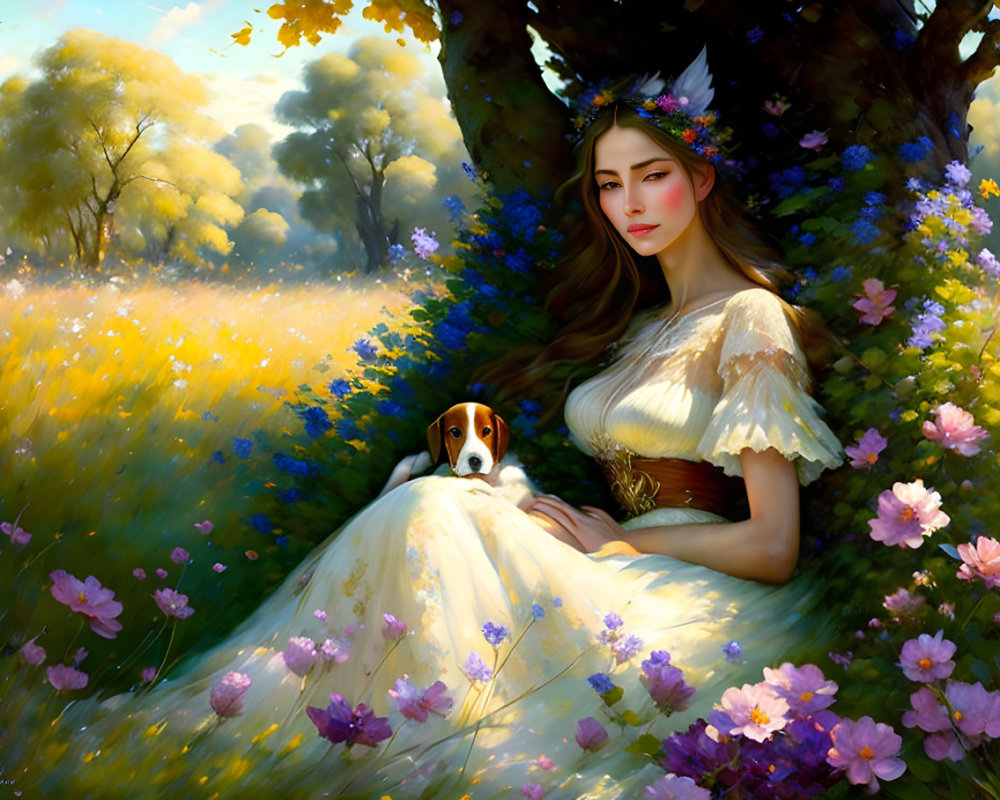 Woman in white dress with beagle in field of wildflowers and trees.