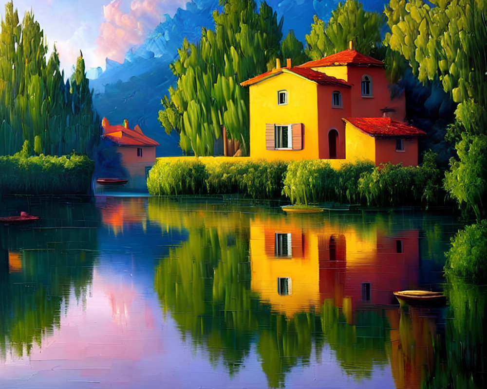 Scenic painting of Mediterranean houses by tranquil lake