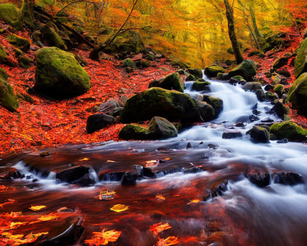 Tranquil Autumn Forest Stream with Colorful Leaves