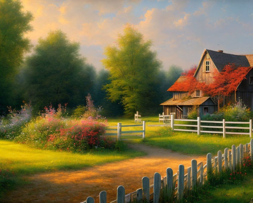 Rustic red-roofed house in serene countryside sunset