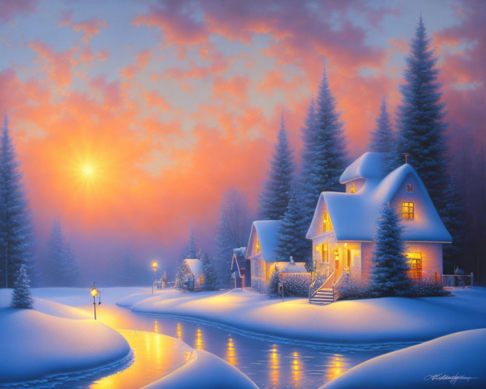 Winter scene: snow-covered houses, warm lights, frozen river, pine trees.