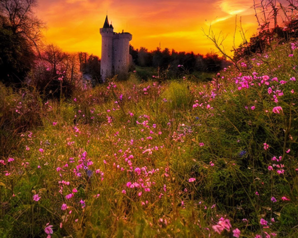 Vibrant sunset over purple flower field with tower in colorful sky