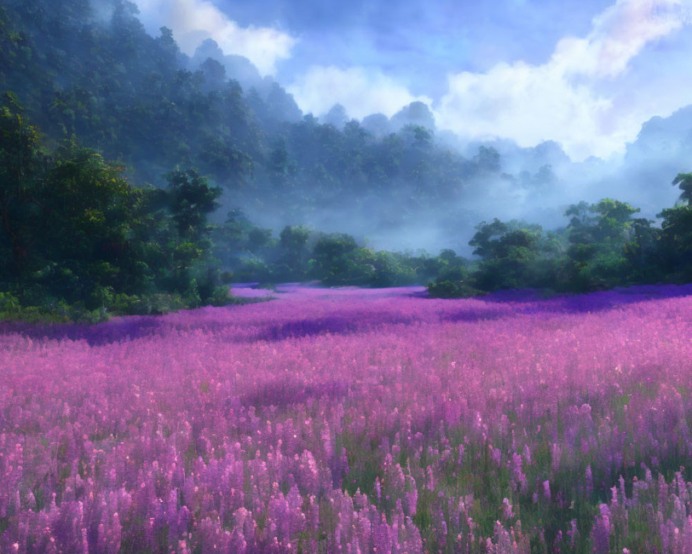 Vibrant purple flowers in misty forest landscape